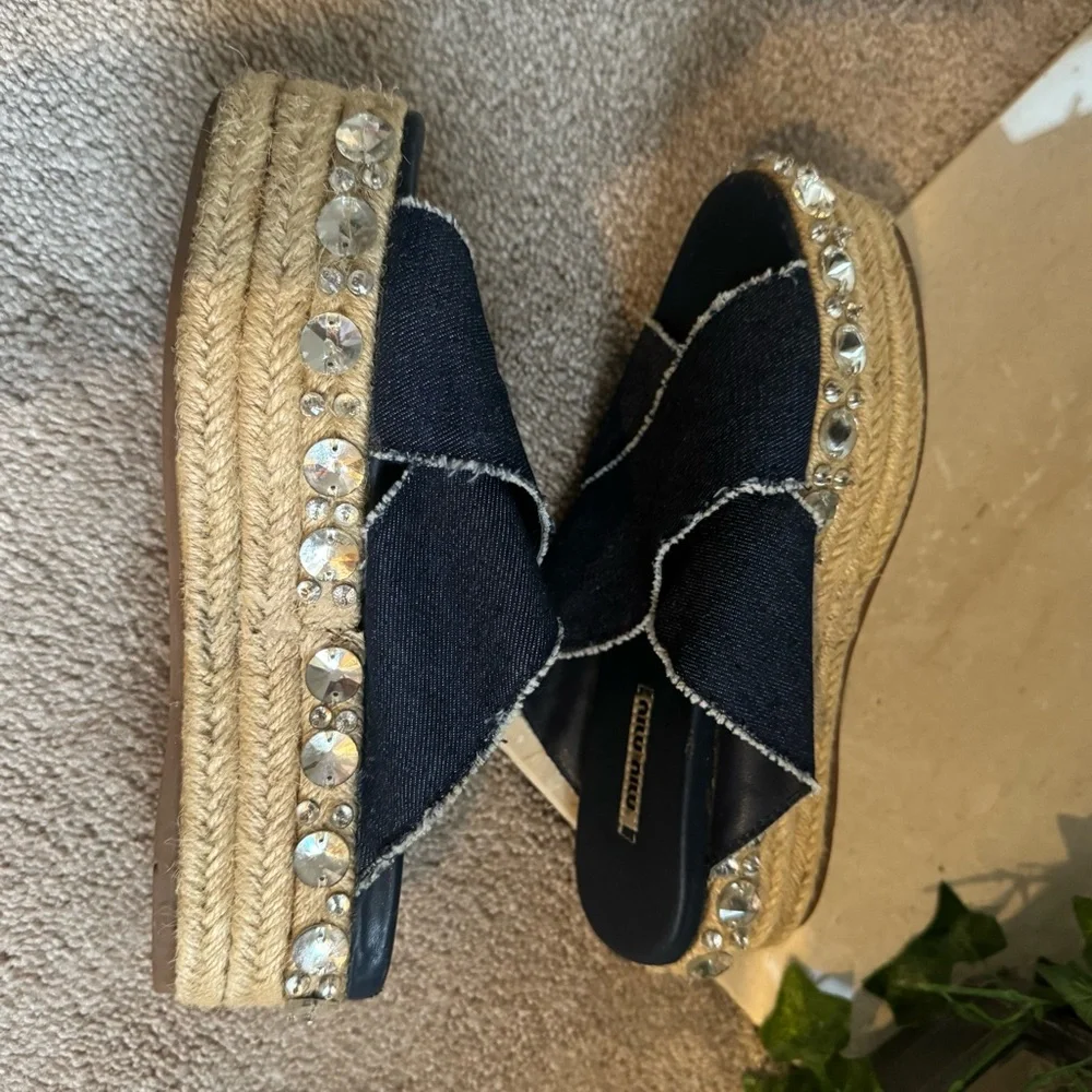 Miu Miu Criss Cross Jeweled Blue Y2K Denim Platform Sandals